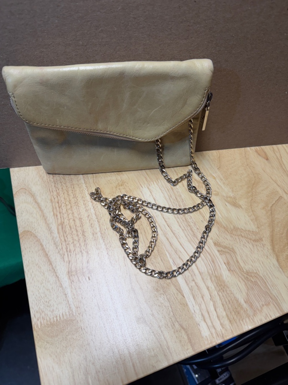 HOBO Beige Leather Clutch with Gold Chain Strap